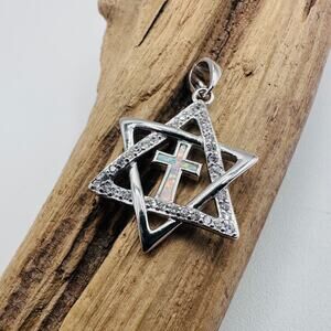 Sterling Silver Star of David Lab Opal Cross CZ Pendant